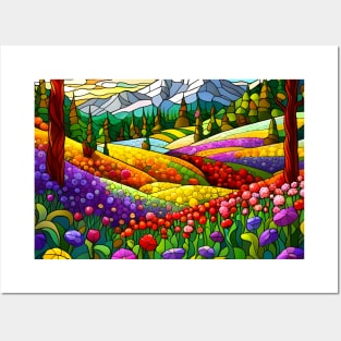 Stained Glass Colorful Mountain Flowers Posters and Art